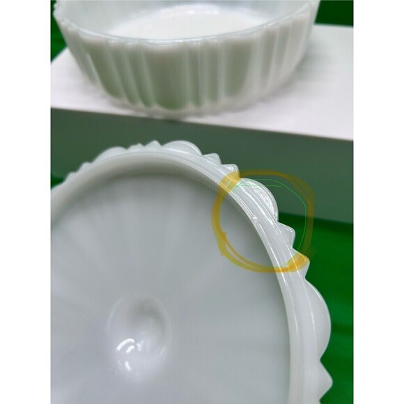 Vintage Fire King  Lidded Candy Box Milkglass Spider Web Bottom 7” Diameter - Picture 6 of 6